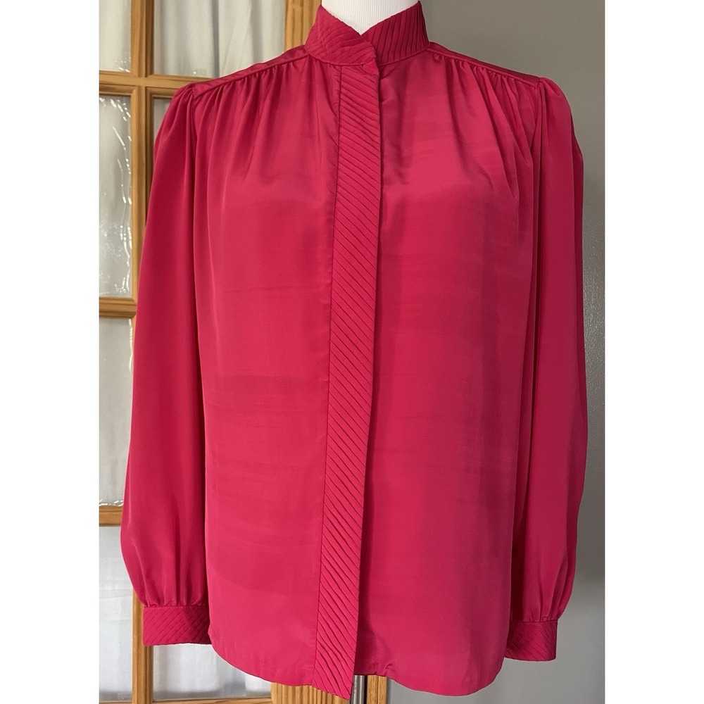 70s Gailord Pleated Career Blouse Sz 12 Pink Chiffon Button Up USA Made Classic